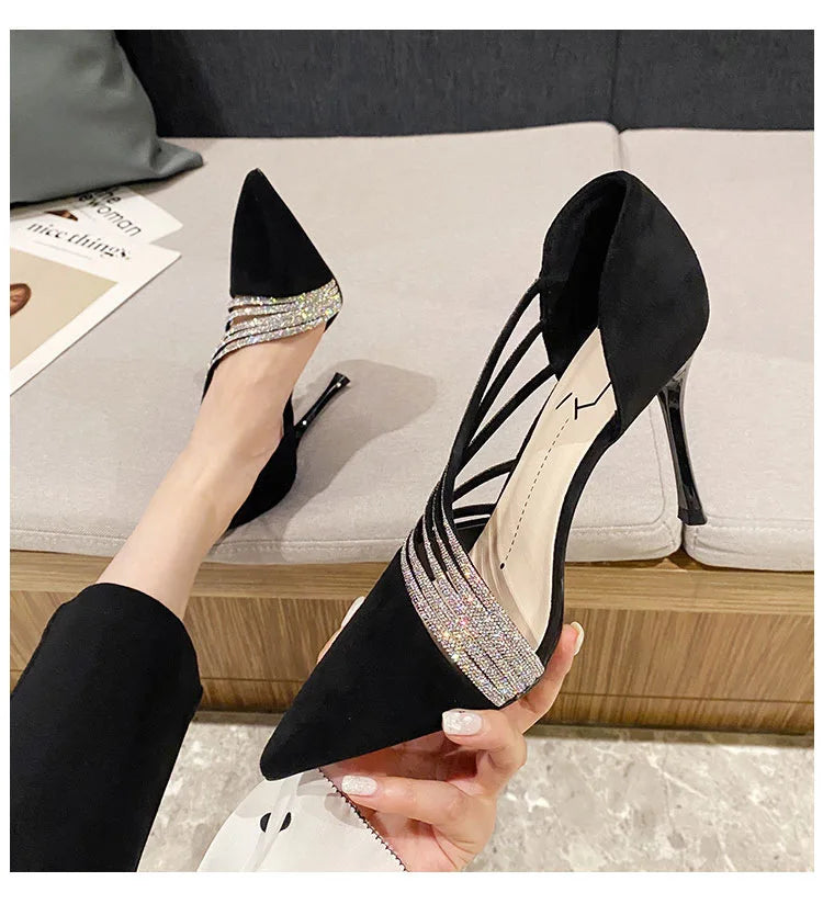 Pumps Women New Autumn Evening Party High Heels Ladies Pointed Toe Nude Leather Black Suede Gold Patent Leather Strappy