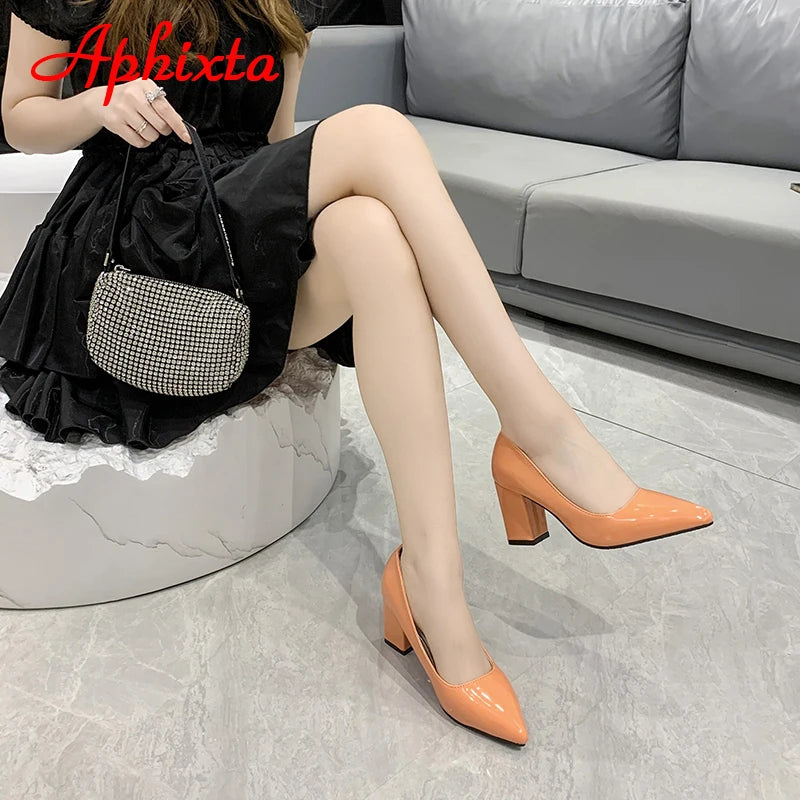 Aphixta New 2.9Inch Pointed Tou Patent Leather Shoes Women Pumps Purple Colorful Thick Heels Work Pointed Toe Heels Plus Size 50