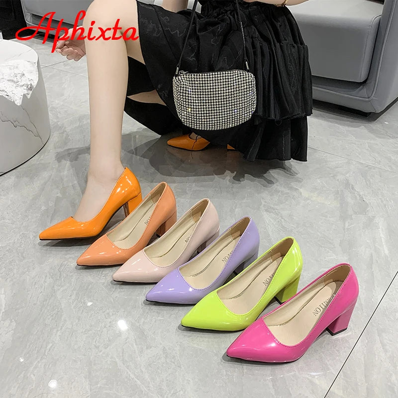 Aphixta New 2.9Inch Pointed Tou Patent Leather Shoes Women Pumps Purple Colorful Thick Heels Work Pointed Toe Heels Plus Size 50