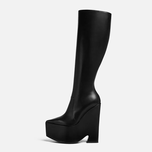 Arden Furtado 2024 New black platform knee high boots fashion Pointed toe skinny calf knee high boots Side zipper Riding boots