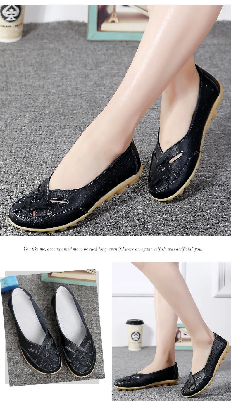 New Women Sandals Fashion Soft Sole Flat Heel Women Hollow Flat Shoes Woman Genuine Leather Shoes Female Casual 2023