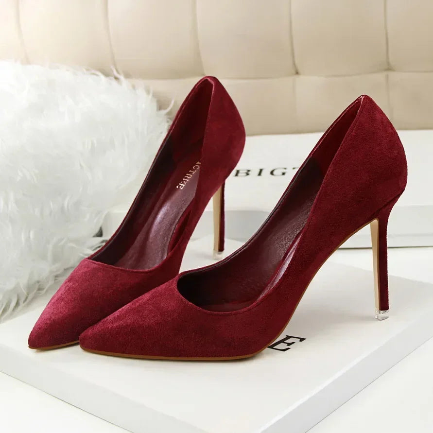 Women 9cm High Heels Daily Party Colorful Suede Pumps Lady Scarpins Stiletto Evening Banquet Red Yellow Shoes Plus Size 34-43