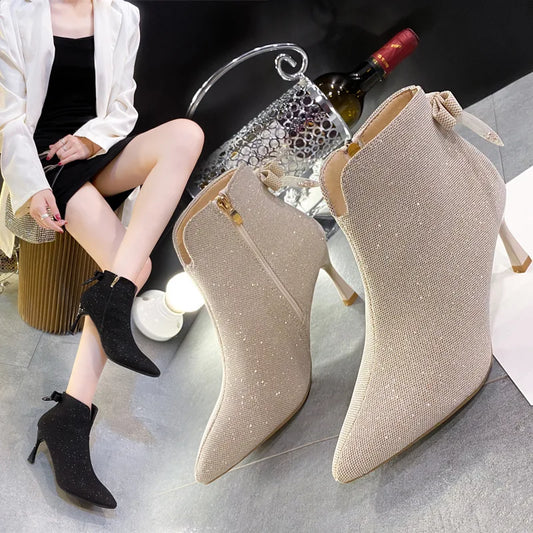 Bow Beige Short Botas Women's Stiletto Pointed Toe High-heeled 7CM Ankle Boots All-match Elastic Nude Shoes 2023 Spring/Autumn