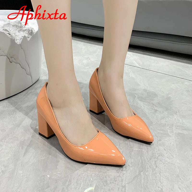 Aphixta New 2.9Inch Pointed Tou Patent Leather Shoes Women Pumps Purple Colorful Thick Heels Work Pointed Toe Heels Plus Size 50