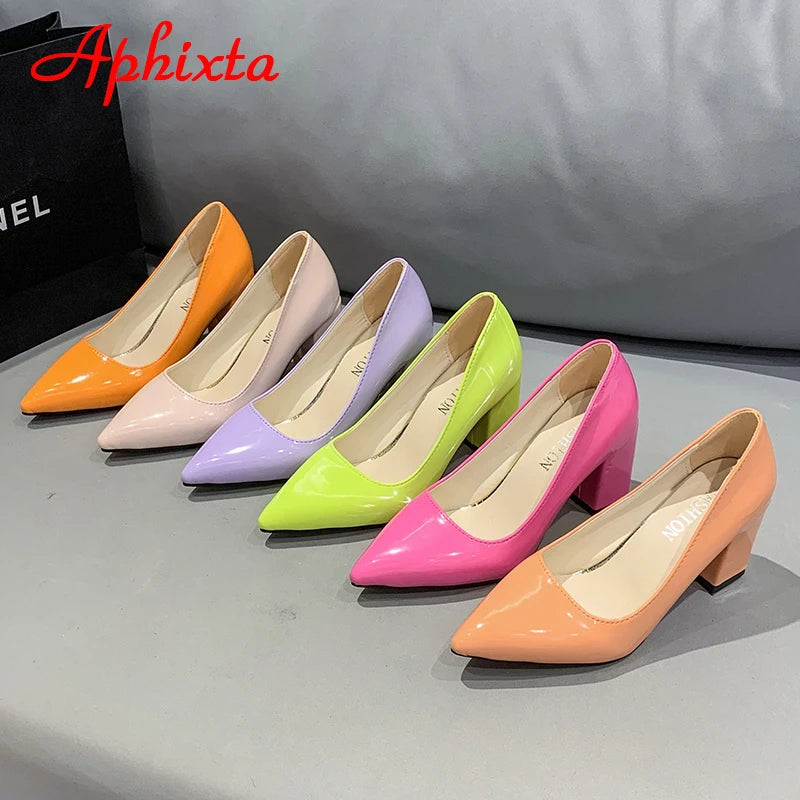 Aphixta New 2.9Inch Pointed Tou Patent Leather Shoes Women Pumps Purple Colorful Thick Heels Work Pointed Toe Heels Plus Size 50