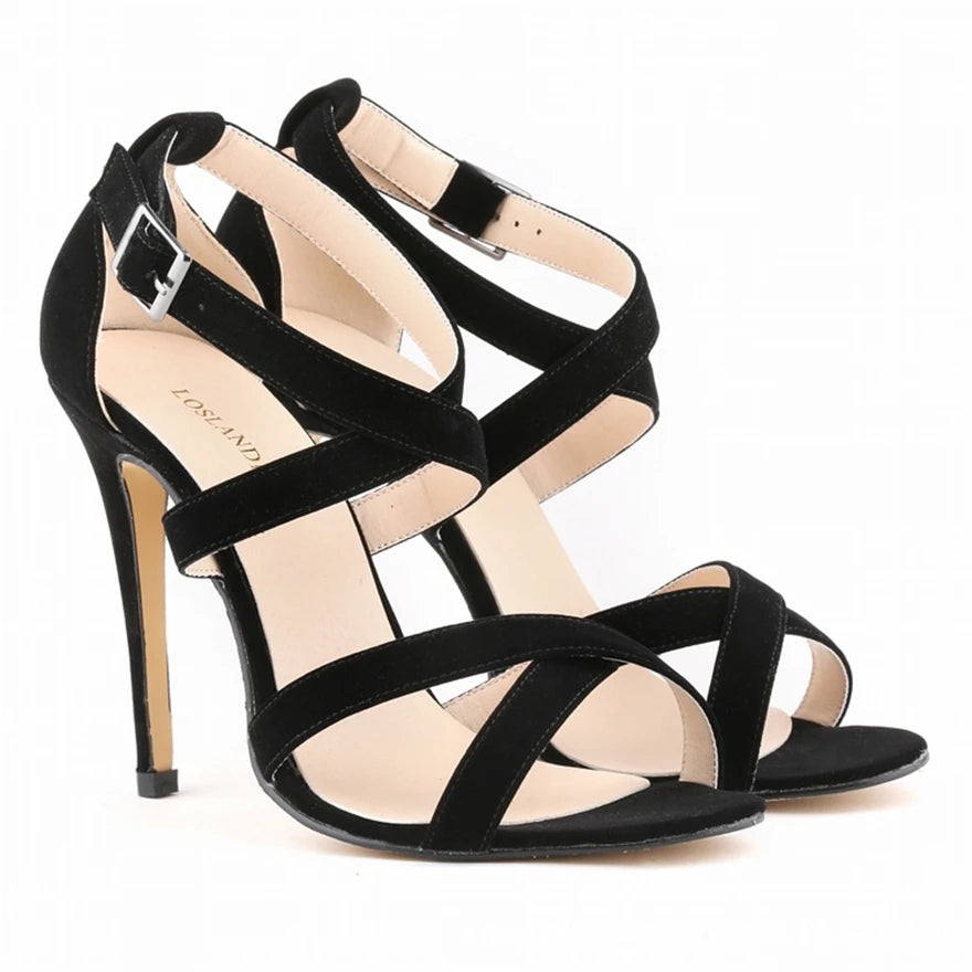 Star Style Open Toe Women Sandals Summer Fashion Buckle Solid Flock High Heels Shoes Women Sexy Cross Cut-Outs Party Pumps Dress