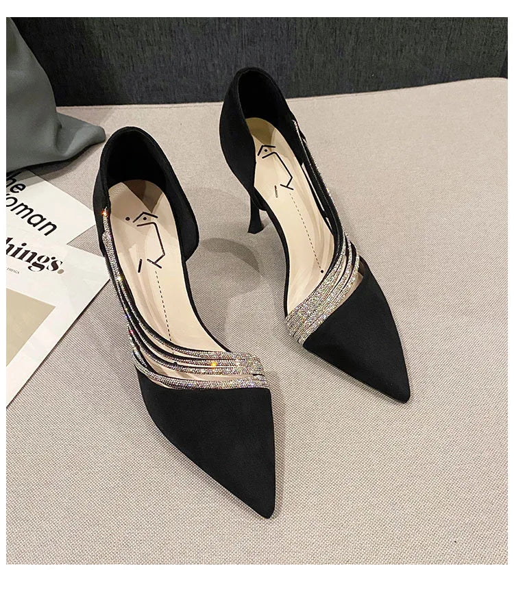 Pumps Women New Autumn Evening Party High Heels Ladies Pointed Toe Nude Leather Black Suede Gold Patent Leather Strappy