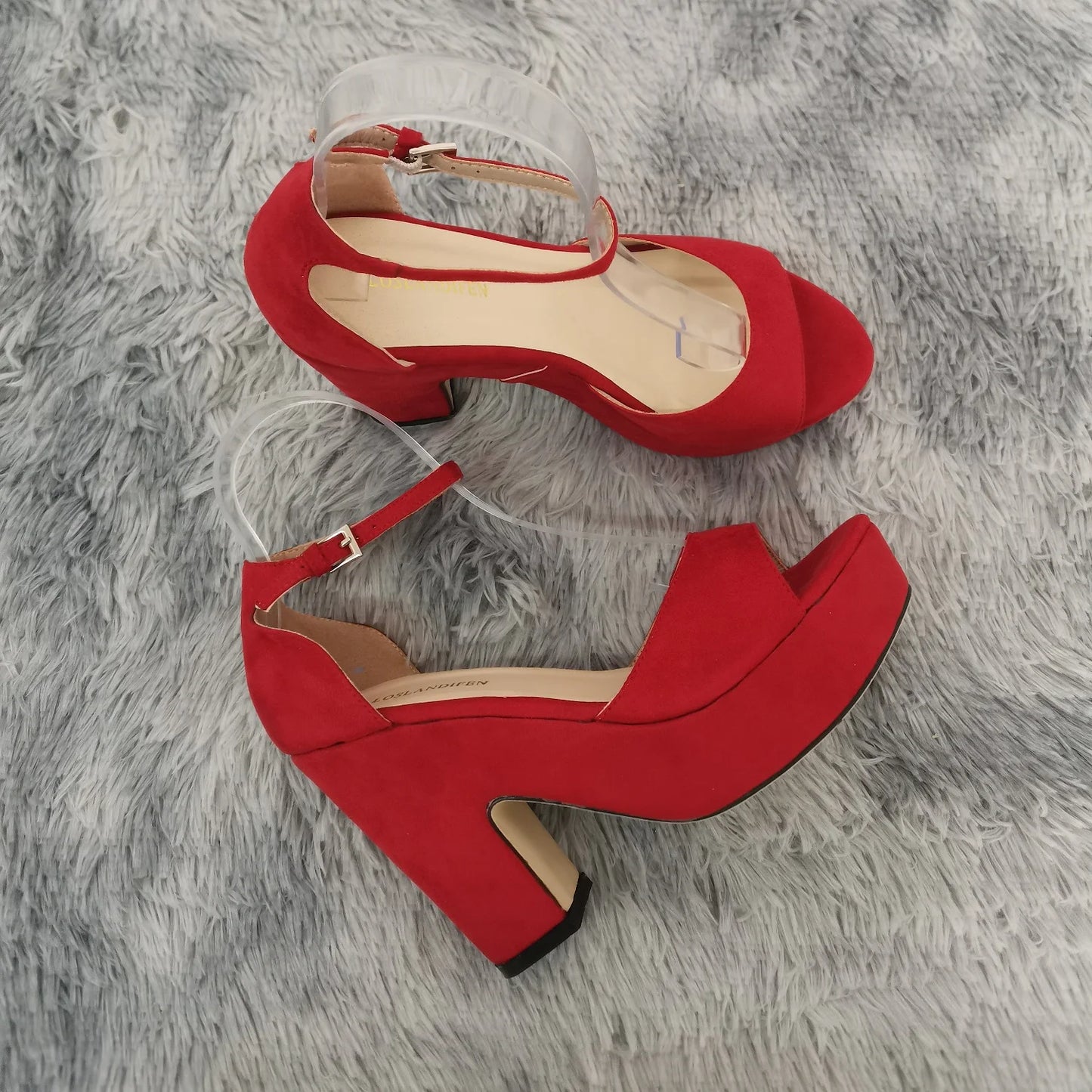 LOSLANDIFEN Summer Ankle Strap Sandal 12cm Women Pumps Sexy Peep Toe Square High Heels Woman Shoes Flock Platform Wedding Shoes