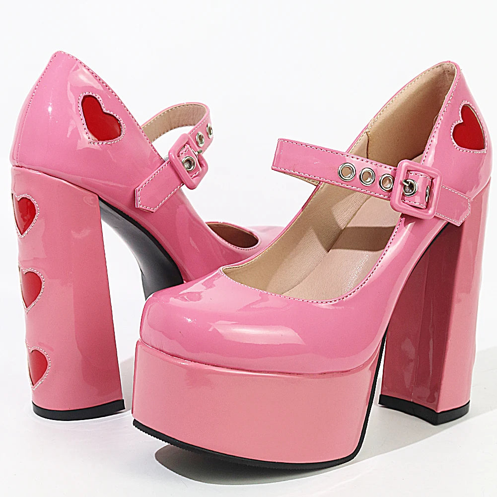 Luxury Designer Marry Janes Pumps For Women Love Heart High Heels Buckle Platform Punk Chunky Pink Wedding Party women's Shoes