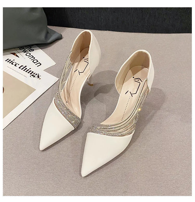 Pumps Women New Autumn Evening Party High Heels Ladies Pointed Toe Nude Leather Black Suede Gold Patent Leather Strappy