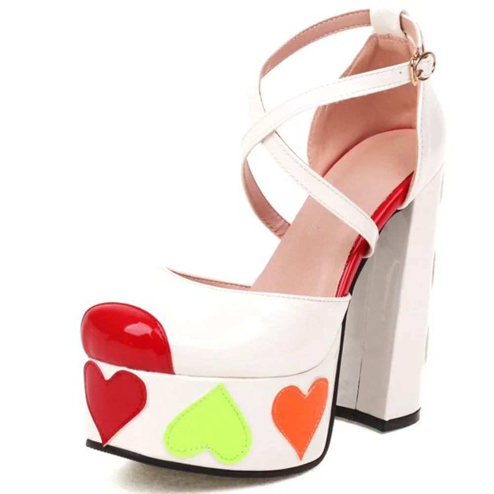 Luxury Designer Marry Janes Pumps For Women Love Heart High Heels Buckle Platform Punk Chunky Pink Wedding Party women's Shoes