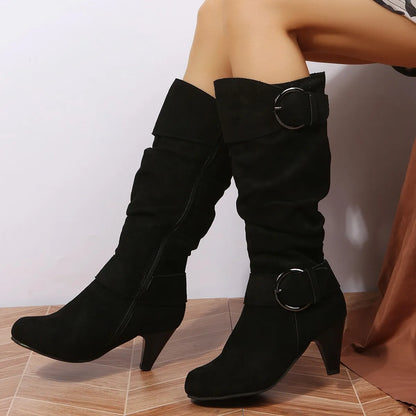 Chelsea Boots Women Shoes Winter 2022 New Brand Fashion Mid-calf Snow High Boots Sexy Suede High Heels Non-slip Motorcycle Botas