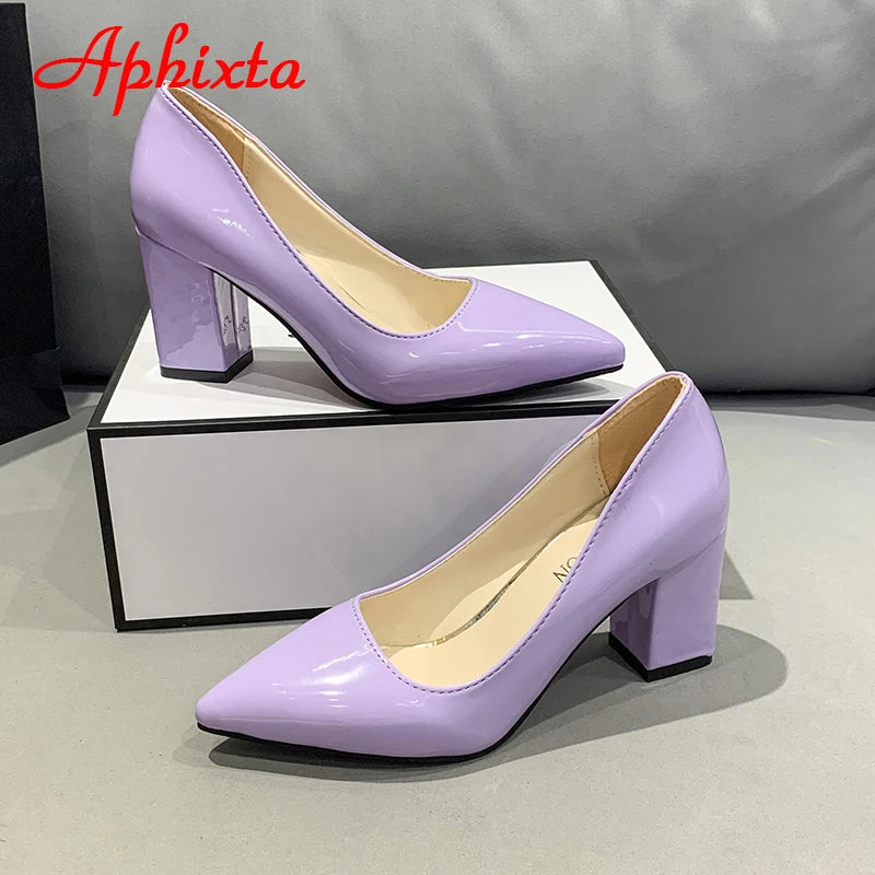 Aphixta New 2.9Inch Pointed Tou Patent Leather Shoes Women Pumps Purple Colorful Thick Heels Work Pointed Toe Heels Plus Size 50