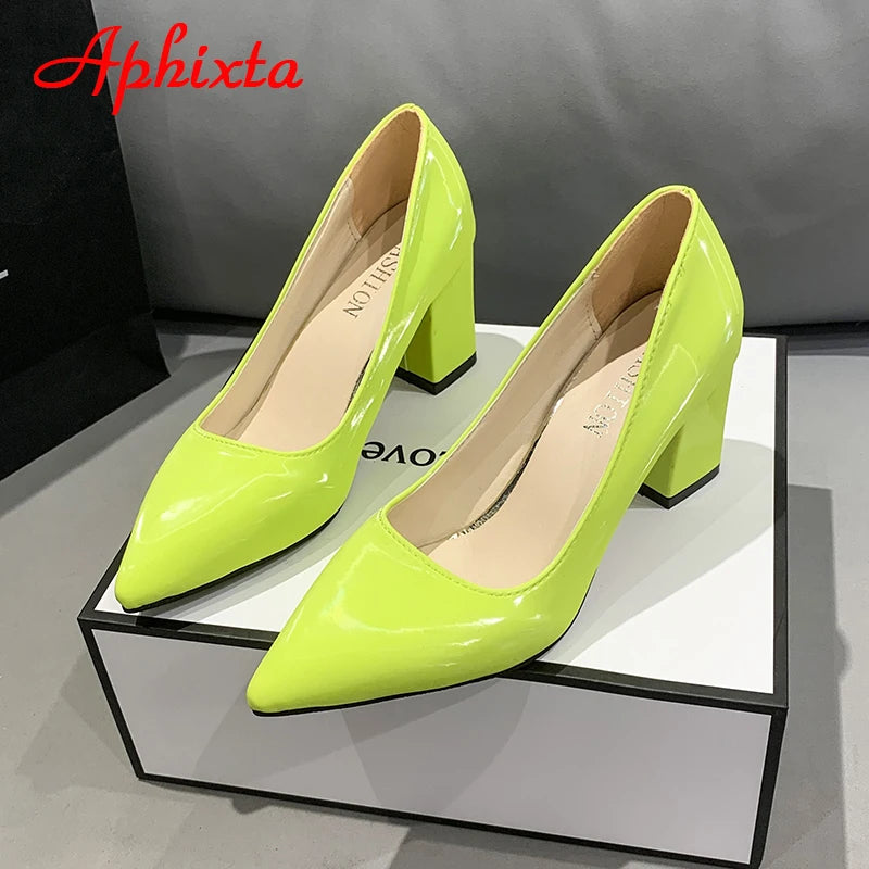 Aphixta New 2.9Inch Pointed Tou Patent Leather Shoes Women Pumps Purple Colorful Thick Heels Work Pointed Toe Heels Plus Size 50