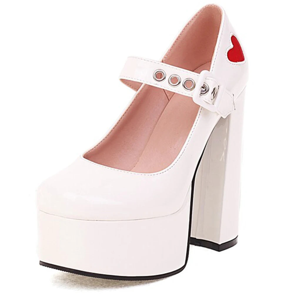 Luxury Designer Marry Janes Pumps For Women Love Heart High Heels Buckle Platform Punk Chunky Pink Wedding Party women's Shoes