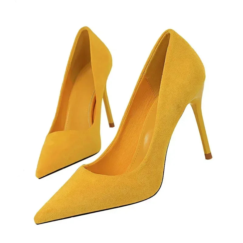 Women 9cm High Heels Daily Party Colorful Suede Pumps Lady Scarpins Stiletto Evening Banquet Red Yellow Shoes Plus Size 34-43