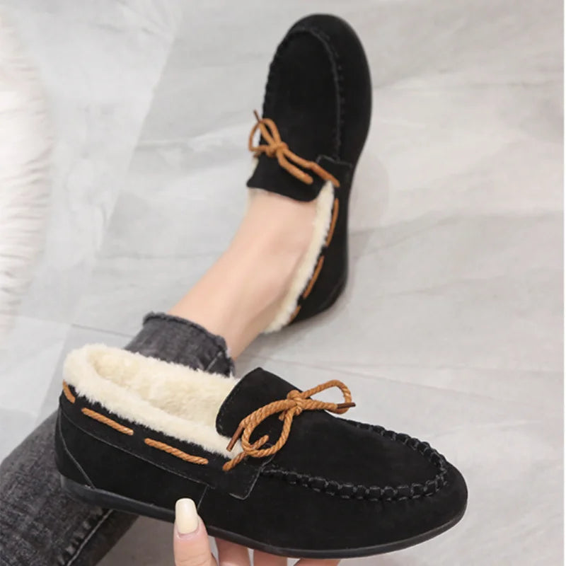 Classic Fur Flats for Women Winter Casual Slip on Round Toe Shoes for Women Warm Plush Platform Flats Plus Size