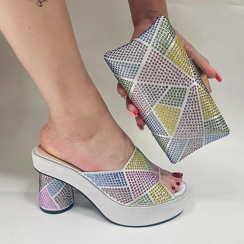 Fashion Italian Designers 2023 Luxury Elegant Patchwork Clutch Bag Bright Diamond Summer party Women's Platfrom High Heels Shoes