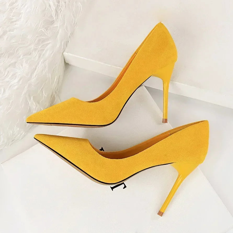 Women 9cm High Heels Daily Party Colorful Suede Pumps Lady Scarpins Stiletto Evening Banquet Red Yellow Shoes Plus Size 34-43