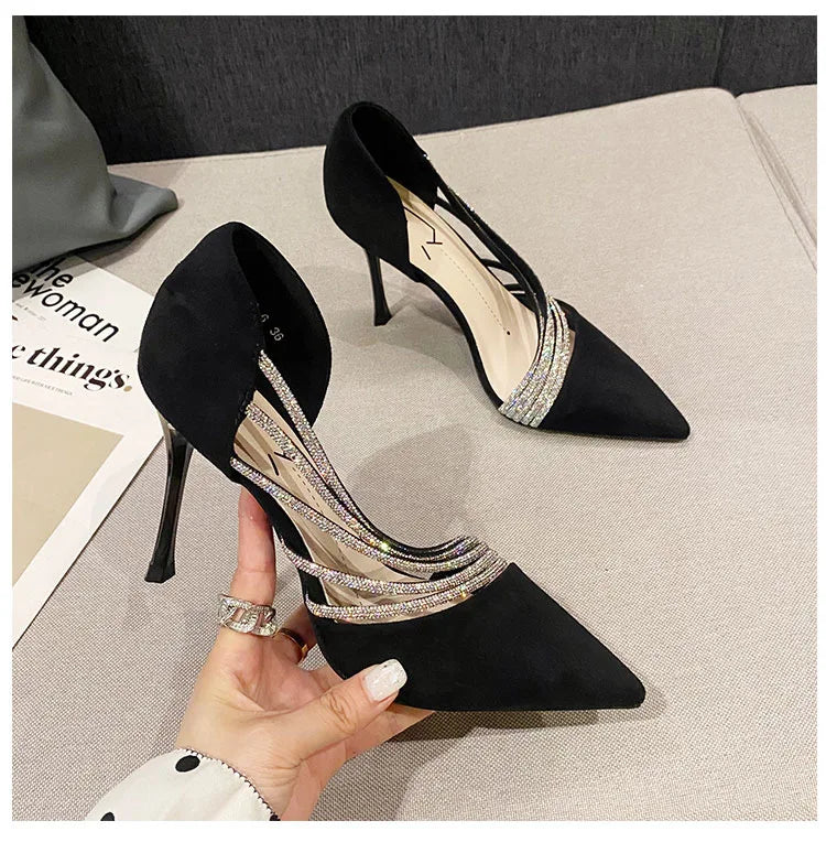 Pumps Women New Autumn Evening Party High Heels Ladies Pointed Toe Nude Leather Black Suede Gold Patent Leather Strappy