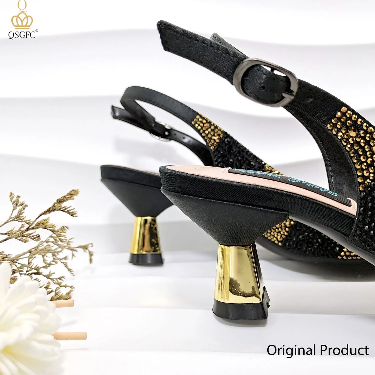 QSGFC Ladies High Quality Women's Pumps A Pair shoes Or set Italian Fashion Design Black Gold Color Bag For Nigeria Wedding