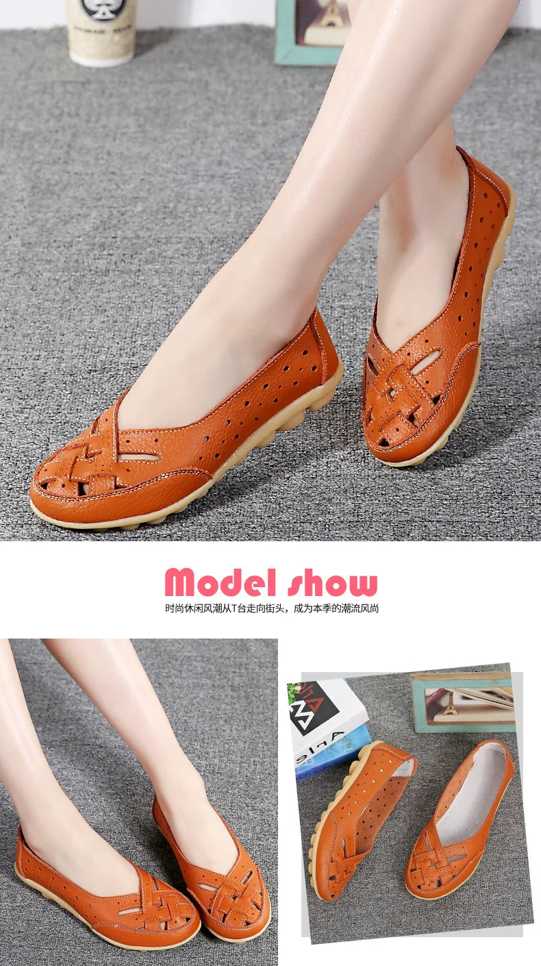 New Women Sandals Fashion Soft Sole Flat Heel Women Hollow Flat Shoes Woman Genuine Leather Shoes Female Casual 2023