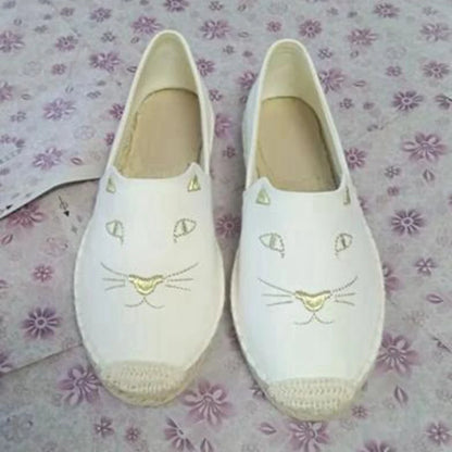 REAVE CAT  cute Embroider Women Shoes Loafers Slip on Shoes Espadrilles Hemp Canvas Flat Shoes chaussure