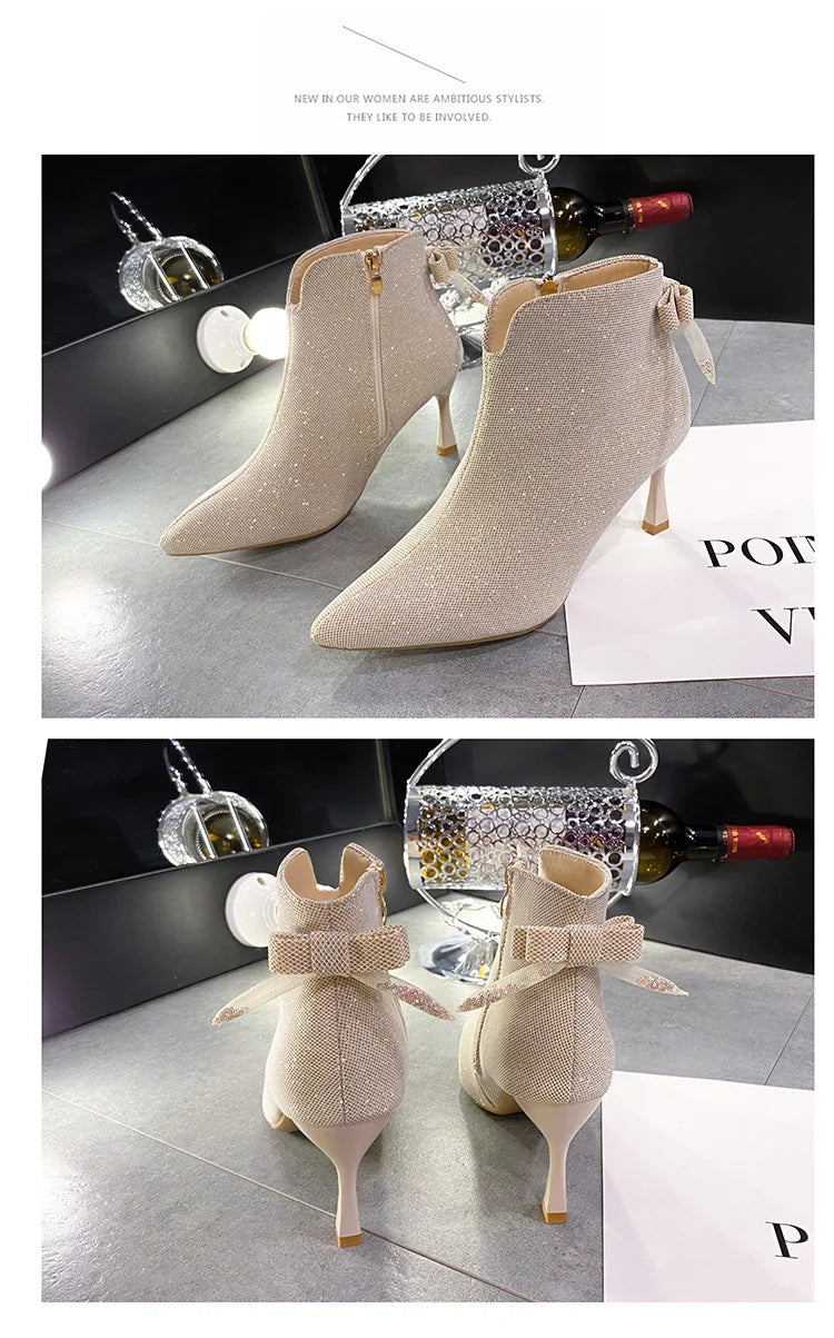 Bow Beige Short Botas Women's Stiletto Pointed Toe High-heeled 7CM Ankle Boots All-match Elastic Nude Shoes 2023 Spring/Autumn