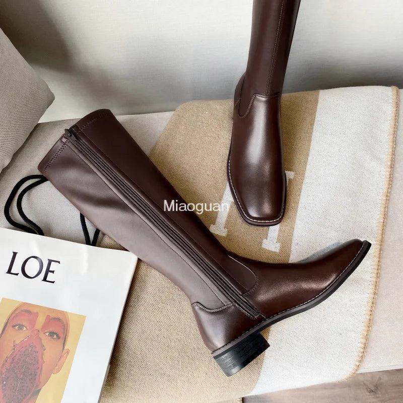 Winter Women's Long Leather Boots Fashion Solid Color Simple Autumn New Woman Warm High Boots Large Fashion Leisure Gothic Shoes