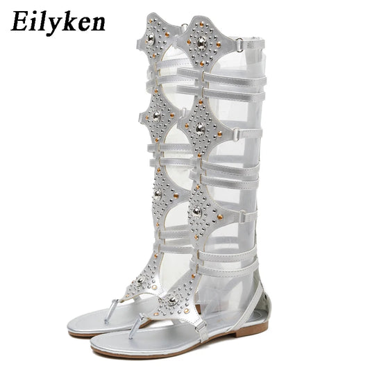 Eilyken 2024 New Golden Gladiator Roman Women Boots Sandals PU Leather Open Toe Knee High Rivet Leisure Flat Shoes