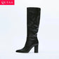 QUTAA  Fashion Women Winter Genuine Leather Knee High Boots Lady Pointed Toe High Heels Party Shoes INS Woman Long Boots 34-43