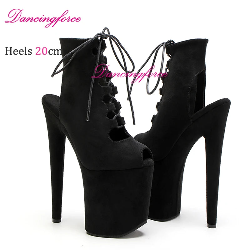 20CM 8Inch Popular Suede Stripper Heels Fashion Rome Laces Platform Ankle Boots Gladiator Hollow Exotic Dancer Pole Dance Shoes