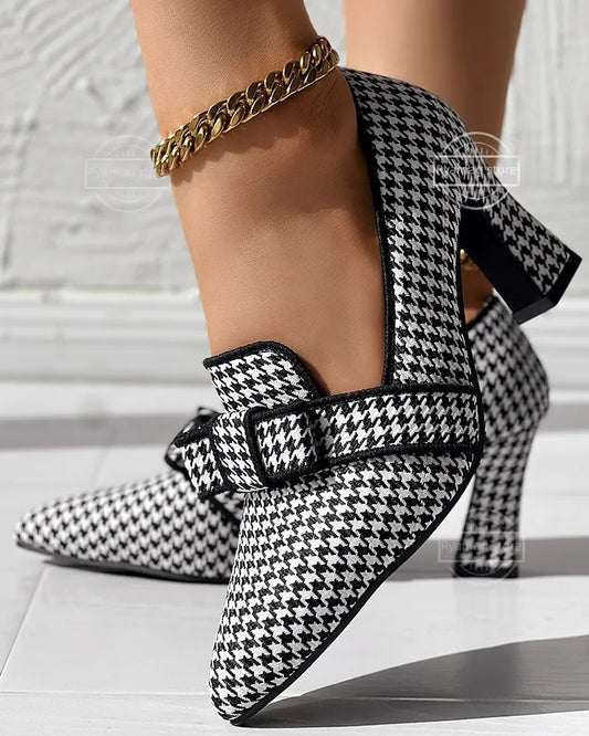 Pumps Women Houndstooth Bowknot Decor Chunky Shoes Point Toe Low Heel Wear Houndstooth Bowknot Decor Chunky Pumps