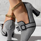 Pumps Women Houndstooth Bowknot Decor Chunky Shoes Point Toe Low Heel Wear Houndstooth Bowknot Decor Chunky Pumps