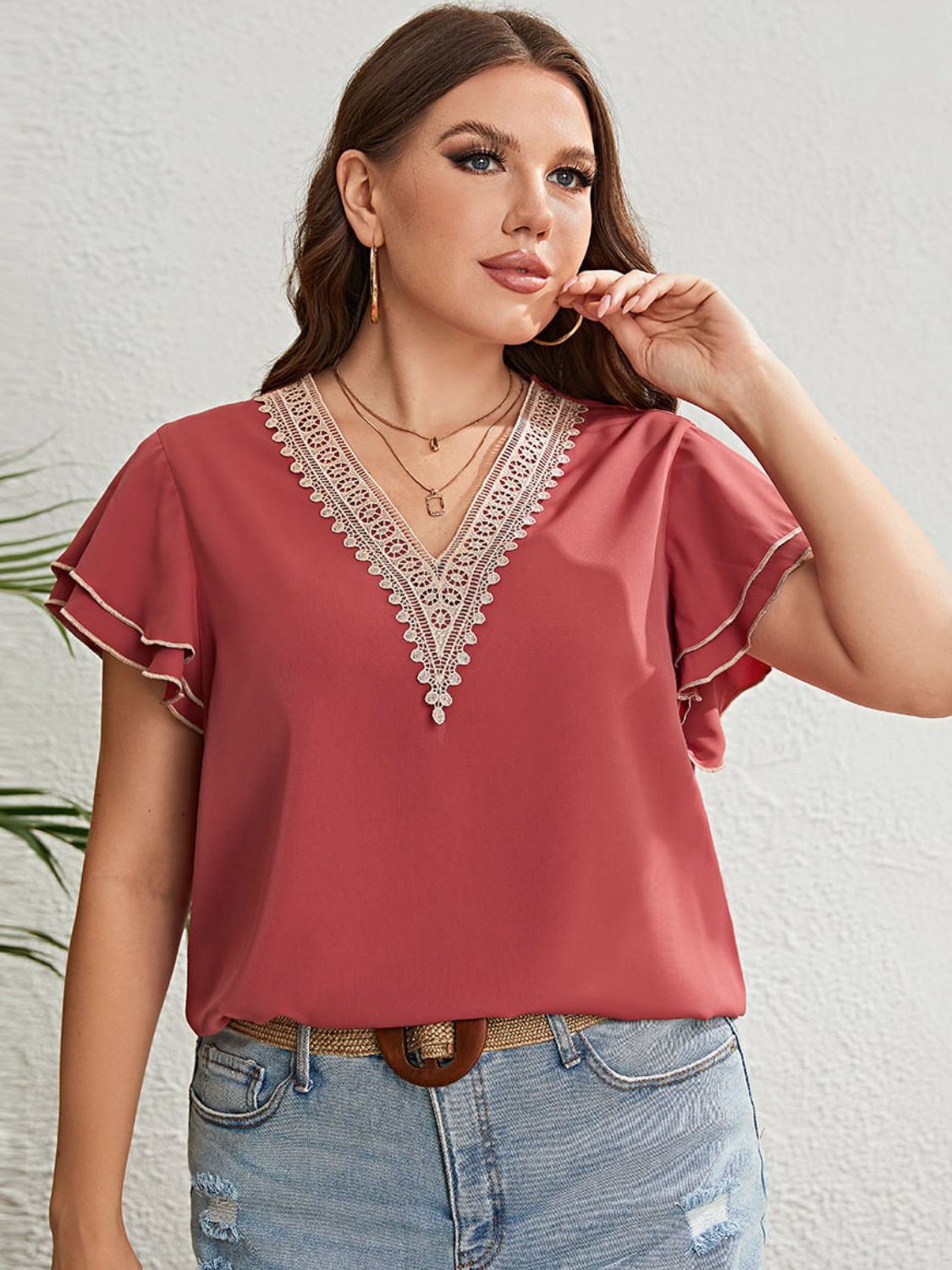 Honey Plus Size Contrast V-Neck Layered Flutter Sleeve Blouse