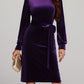 Round Neck Tie Waist Long Sleeve Velvet Dress