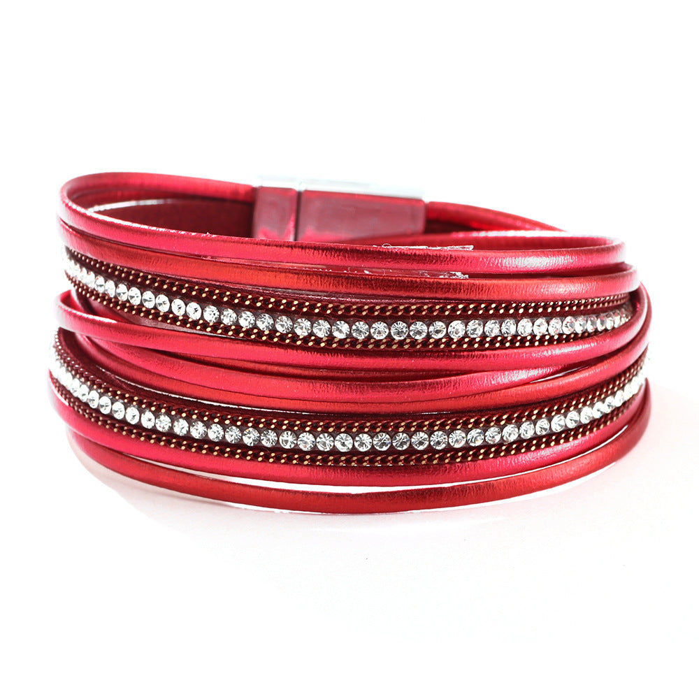 Best-selling Button In Europe And America Diamond Bracelet PU Leather Colorful Rhinestone Fashion Bracelet Foreign Trade Hot Drilling Hot Sale Hand Jewelry Wholesale