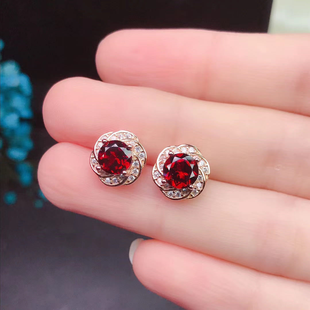 Garnet Stud Earrings 925 Silver Inlaid Colored Gems Jewelry