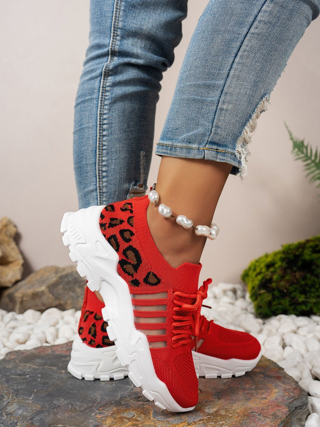 Cutout Leopard Lace Up Mesh Athletic