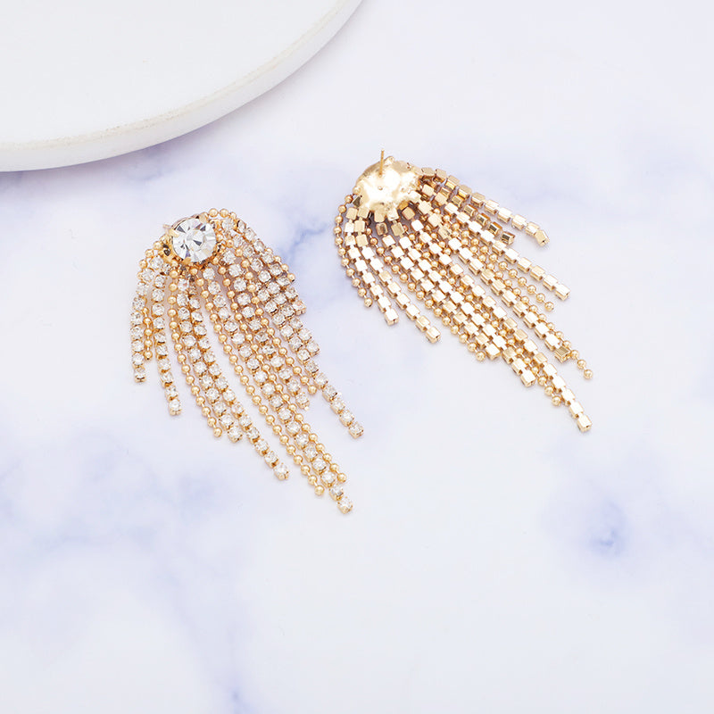 Simple Geometric Alloy Long Tassel Earrings Inlaid Rhinestone Metal Ball Bead Earrings Pendant Party Gift Fashion Jewelry Women