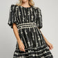 Umgee Ribbon Print Frill Contrast Velvet Trim Half Sleeve Dress