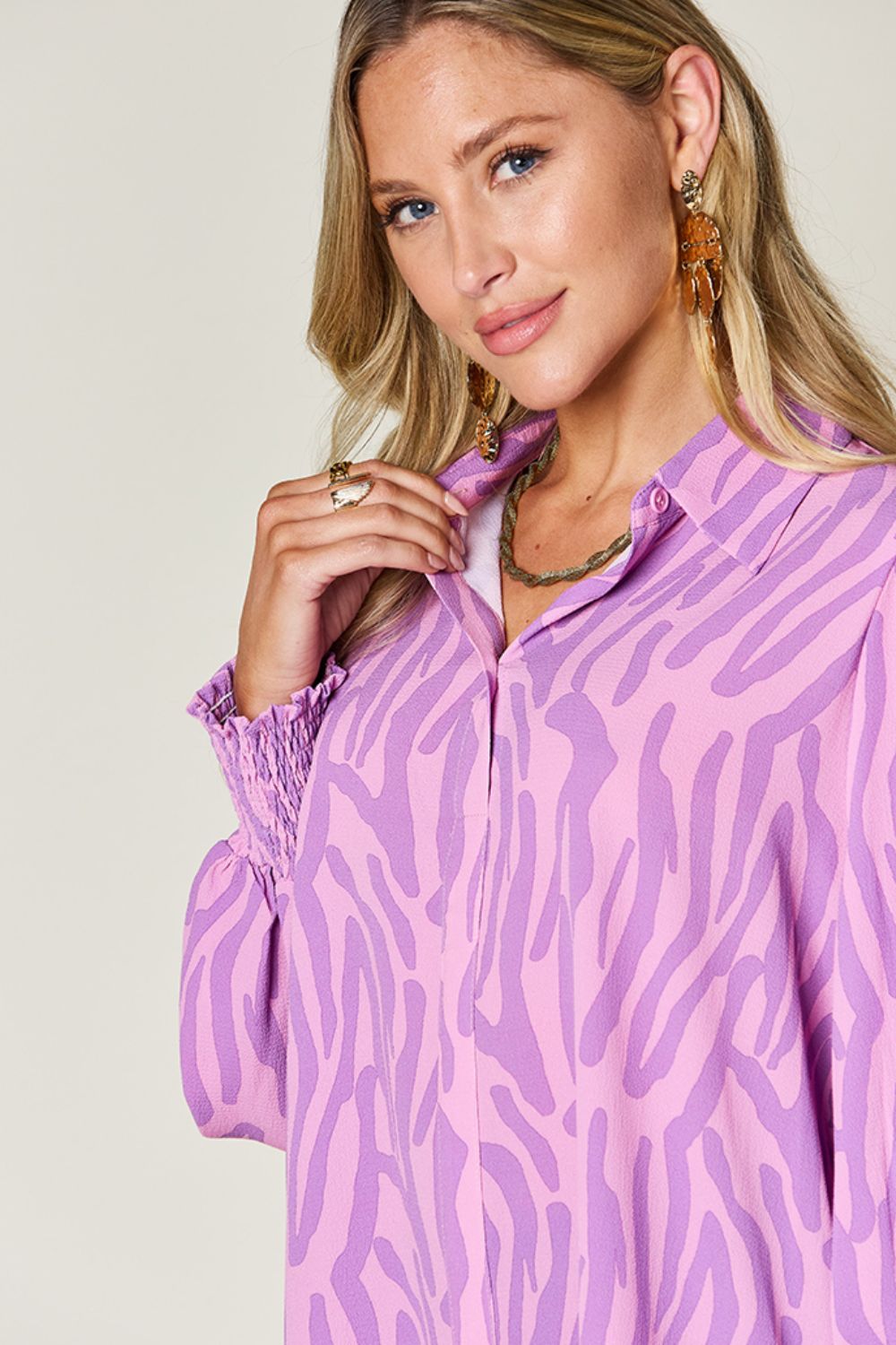 Double Take Full Size Printed Smocked Long Sleeve Blouse