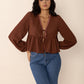 Peplum Tied V-Neck Long Sleeve Blouse