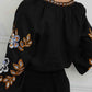 Embroidered V-Neck Three-Quarter Sleeve Blouse