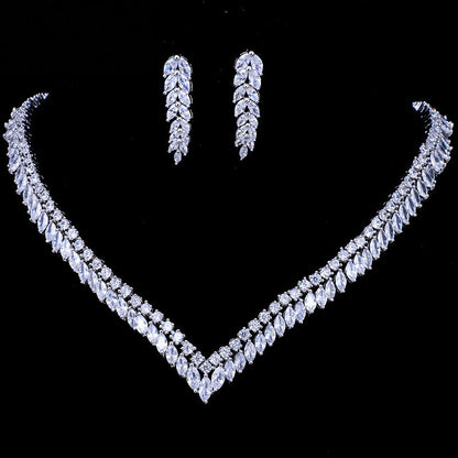 Bridal Wedding Jewelry Zircon Leaf Necklace Earrings