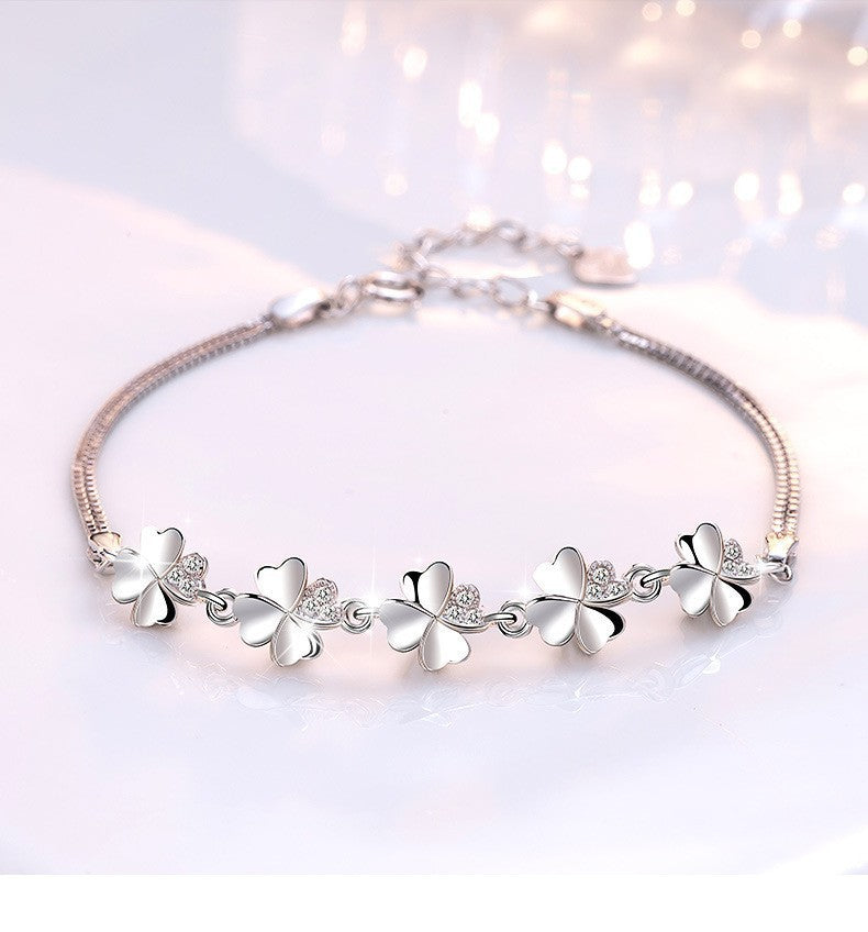 Lucky Four-Leaf Clover Silver Plated Bracelet Micro Rhinestone 925 Jewelry Japanese And Korean Simple Fashion