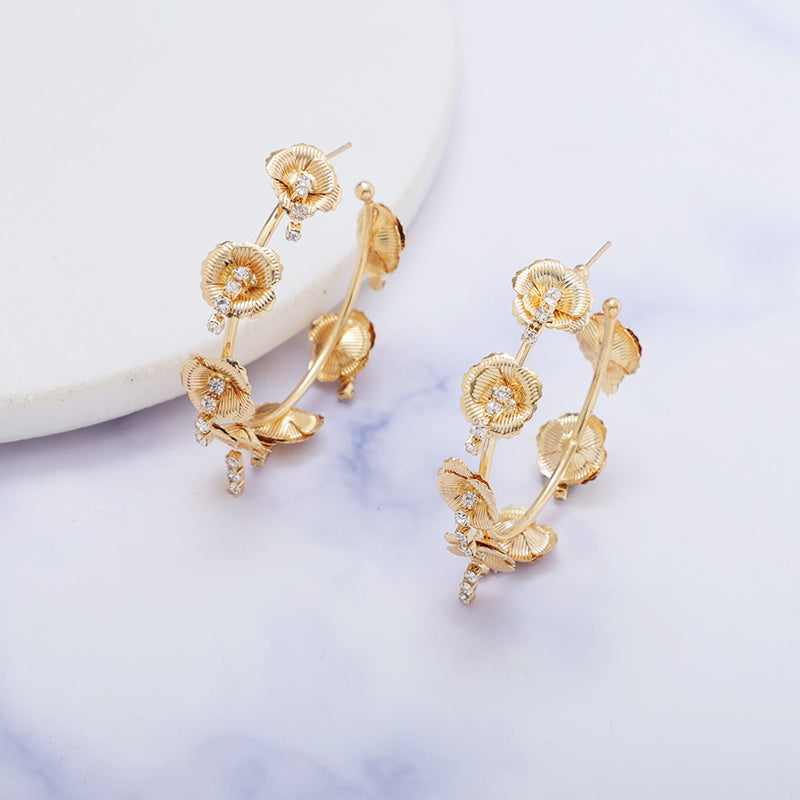 DIY Retro Temperament Chain Rhinestone C Shaped Geometric Metal Irregular Rose Earrings Daily Street Fashion Jewelry