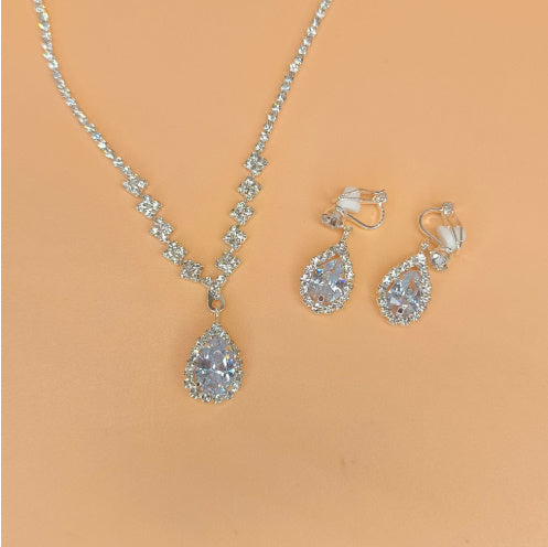 Full Rhinestone Zircon Water Drop Necklace Earrings Jewelry Set