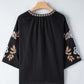 Embroidered V-Neck Three-Quarter Sleeve Blouse