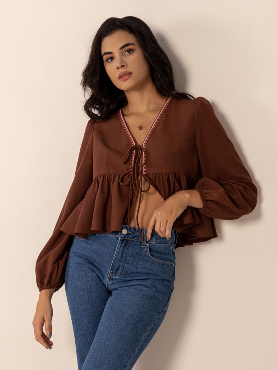 Peplum Tied V-Neck Long Sleeve Blouse